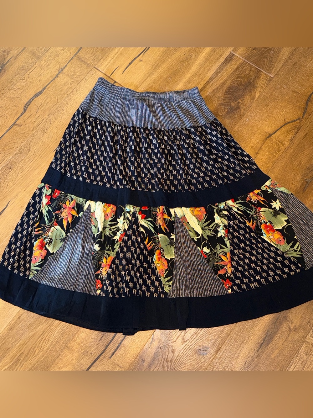 Vintage 1990’s Carole Little Black Tiered Skirt with Multicolor Floral Panels